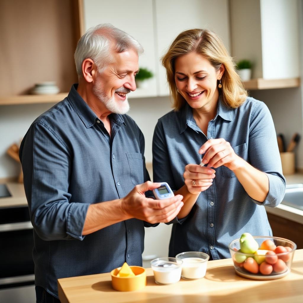 Couple checking healthy blood sugar levels in their kitchen